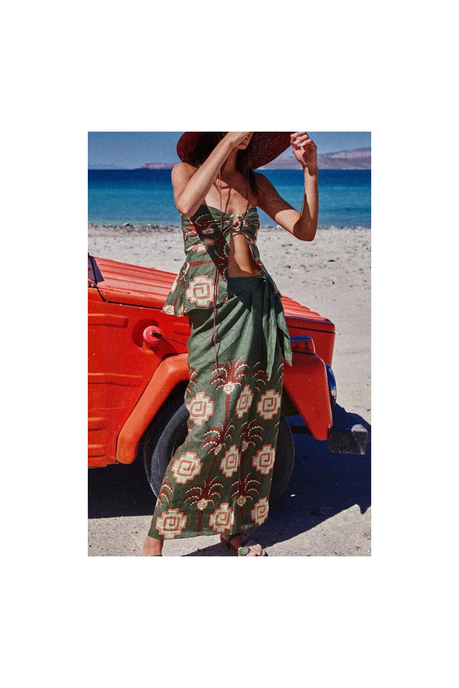 JOHANNA ORTIZ Amazon Echoes embroidered linen midi skirt - Enny Monaco